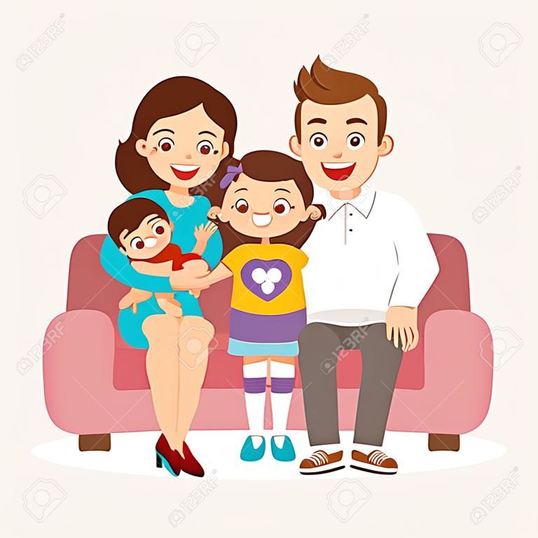 Happy Smiling Senior Couple Gathering Together with their Adult Children, Grandchildren and Great-Grandchildren in Living Room at Home. Four Generation of United Family Cartoon Vector Illustration