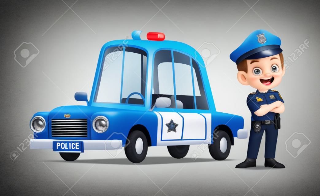 Szczęśliwy ładny mały chłopiec w mundurze policyjnym i stoi obok samochodu