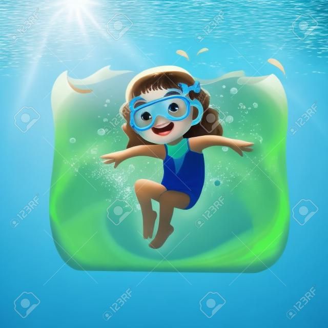 Śliczna mała dziewczynka pływa pod wodą na wakacjach