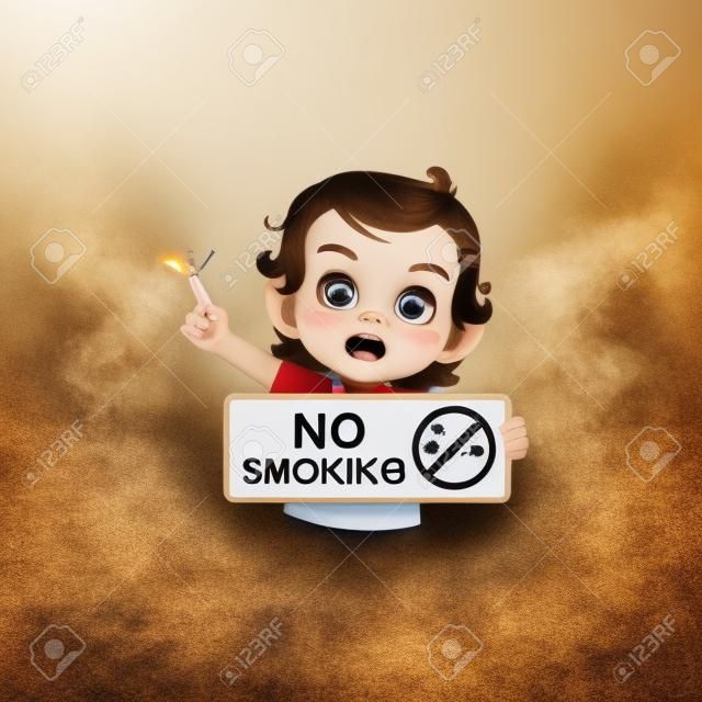 menino bonito segurando a placa sobre fumar