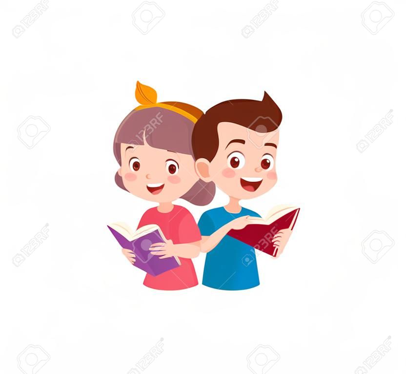 niño y niña leen un libro juntos