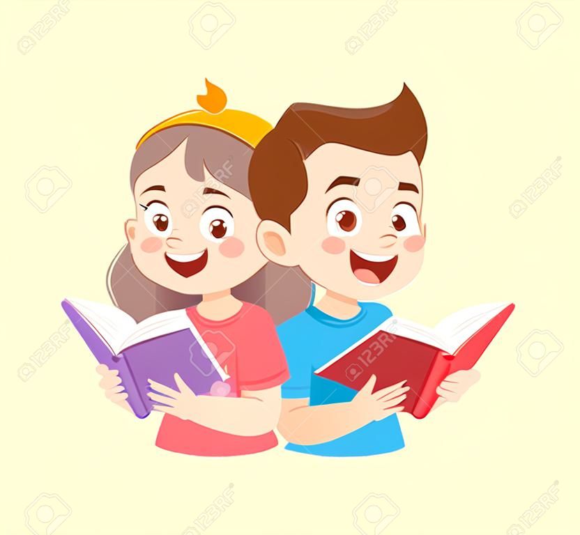 niño y niña leen un libro juntos
