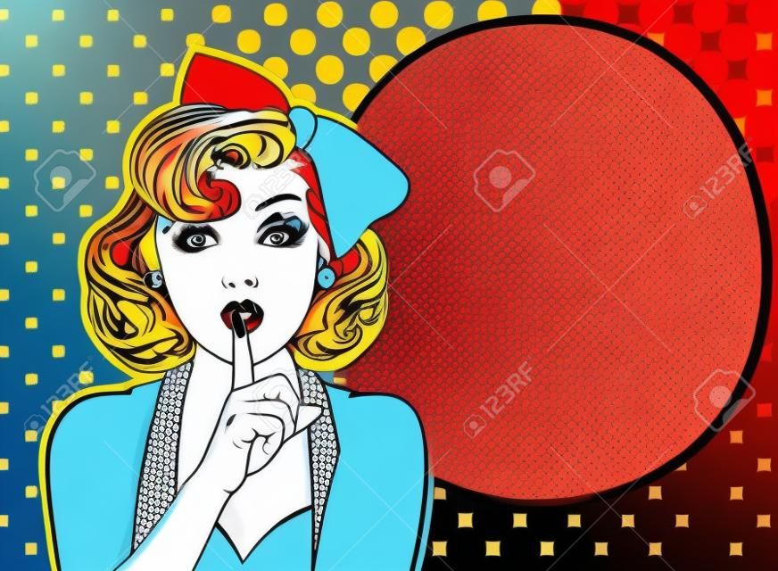 woman with finger on lips, silence gesture, pop art style woman banner, shut up.Woman with message Shhh for stop talk