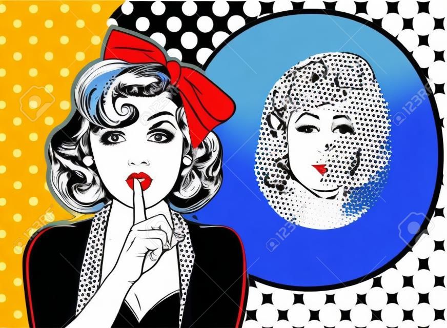 woman with finger on lips, silence gesture, pop art style woman banner, shut up.Woman with message Shhh for stop talk