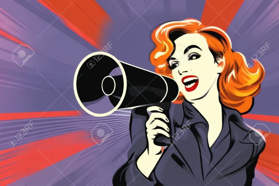 piękna kobieta z ilustracji wektorowych retro pop-artu megafon. Kobieta z głośnikiem. Kobieta zapowiada zniżkę lub wyprzedaż. Oferta specjalna, czas na zakupy, protest lub spotkanie.