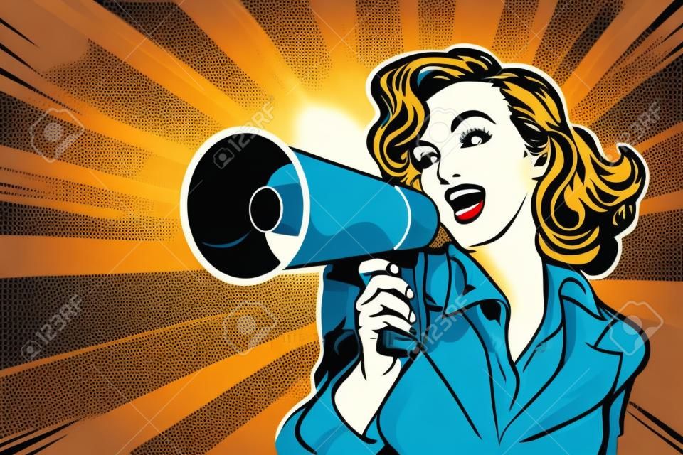 beautiful woman with megaphone pop art retro vector illustration. Woman with loudspeaker. Female announcing discount or sale. Special offer, shopping time, protest or meeting.
