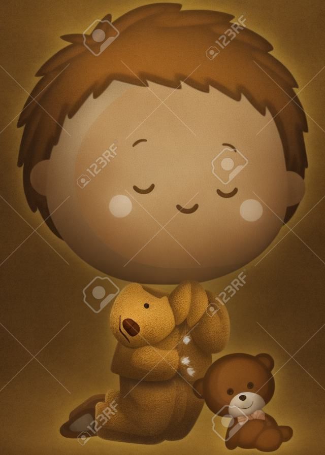 a kid praying with a teddy bear beside him