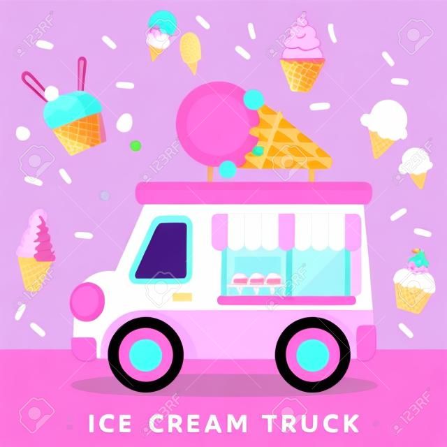 Wektor słodkiej różowej ciężarówki z lodami z różnymi rodzajami lodów