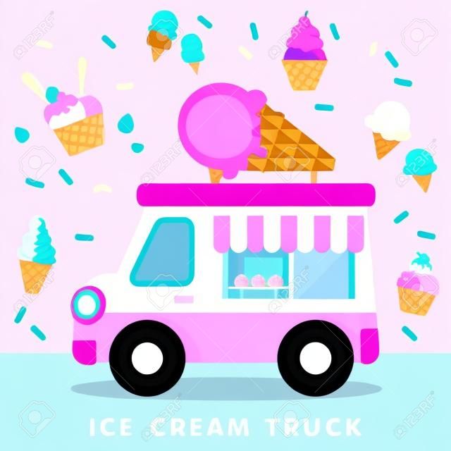 다양 한 종류의 아이스크림과 함께 귀여운 핑크 아이스크림 트럭의 벡터