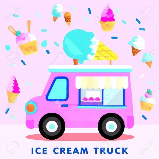 Um vetor de caminhão de sorvete rosa bonito com vários tipos de sorvete