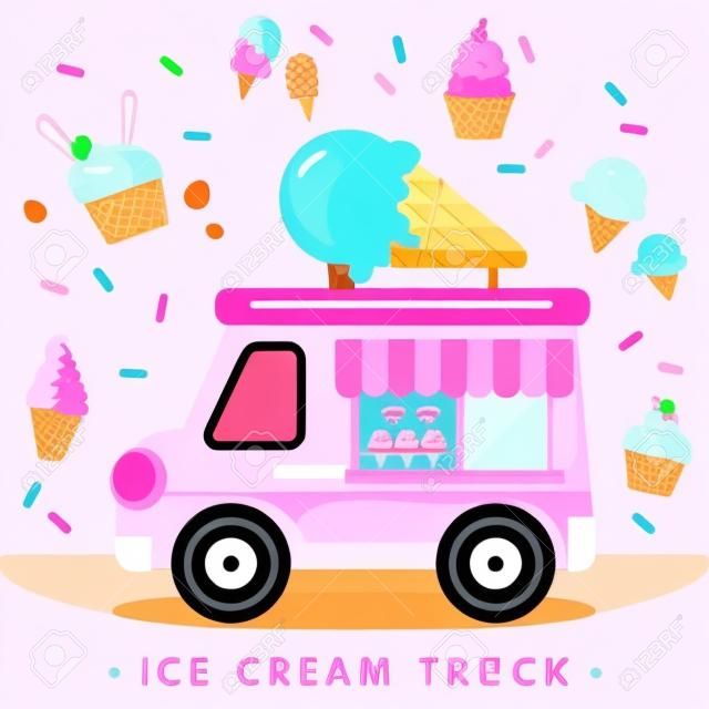 Un vettore di un simpatico camioncino dei gelati rosa con vari tipi di gelato