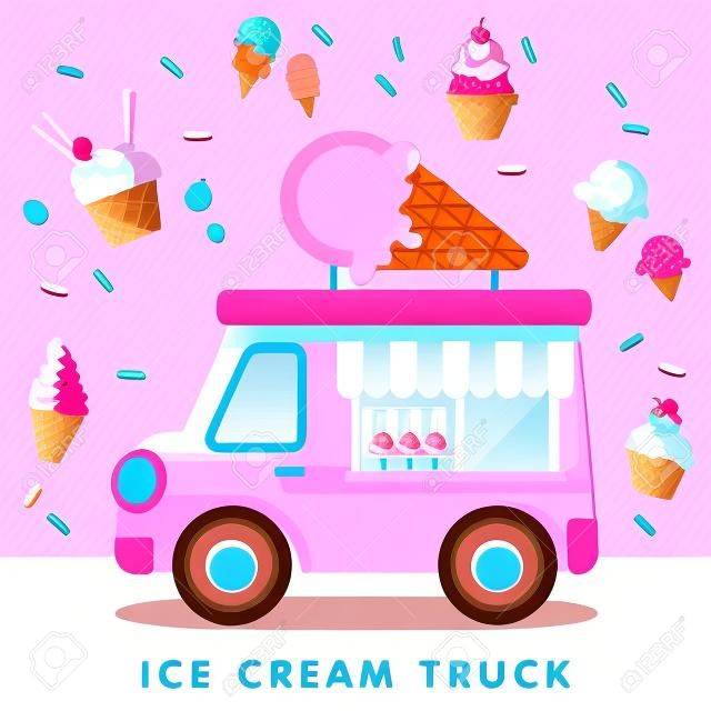 様々なタイプのアイスクリームを持つかわいいピンクのアイスクリームトラックのベクトル