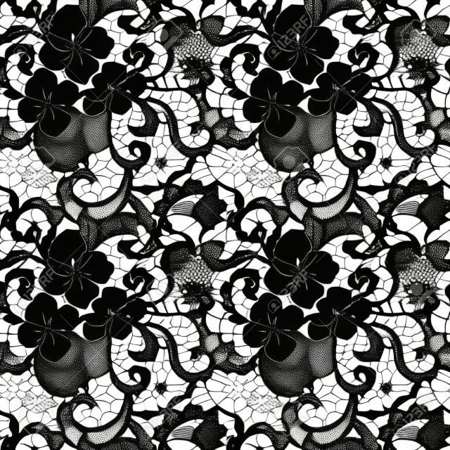 Kant zwart naadloos patroon met bloemen op witte achtergrond