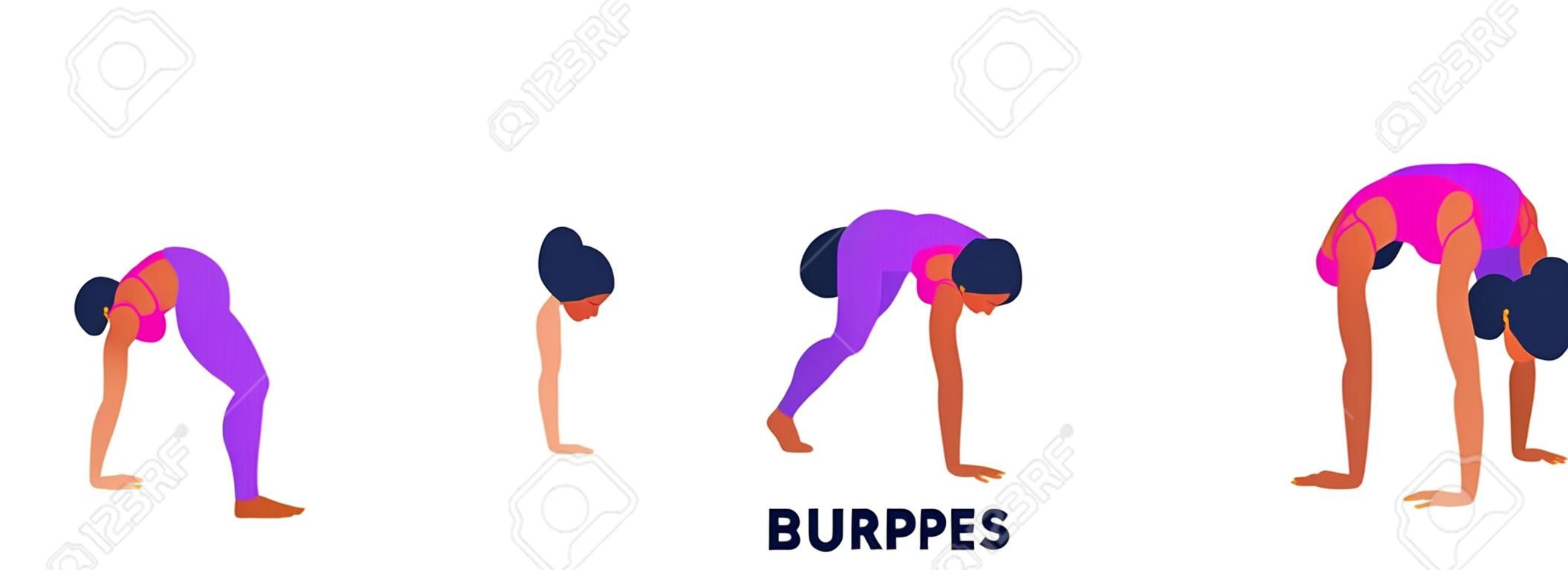 Burpee. Burpees. Exercices sportifs. Silhouettes de femme faisant de l'exercice. Entraînement, formation Illustration vectorielle