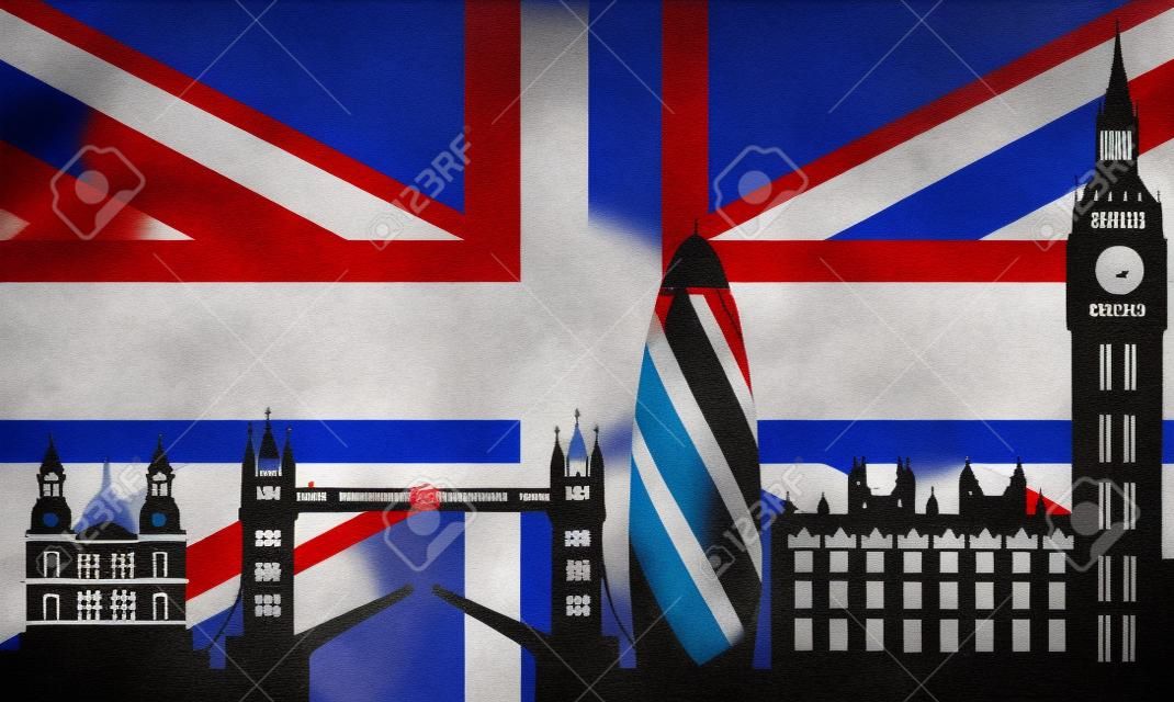 london skyline con bandiera inglese