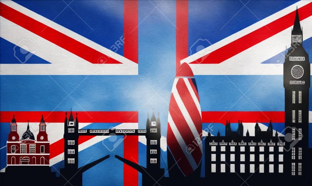 london skyline con bandiera inglese