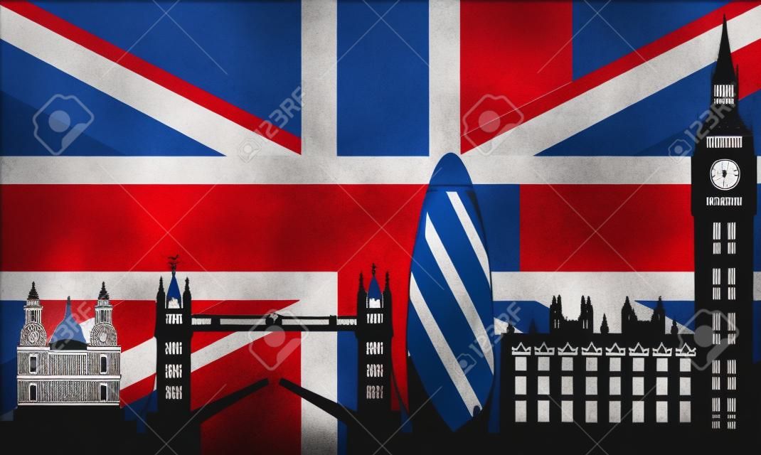 Skyline von London mit der britischen Flagge