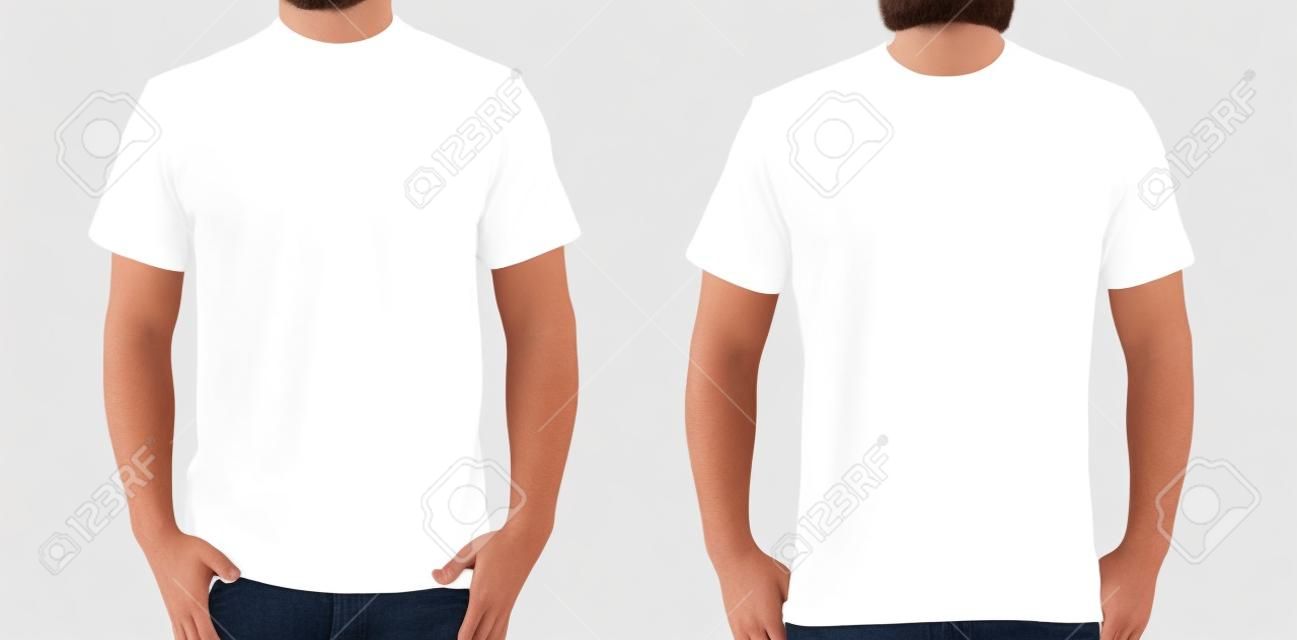 흰색 티셔츠 앞면과 뒷면, 디자인 인쇄용 모형 템플릿