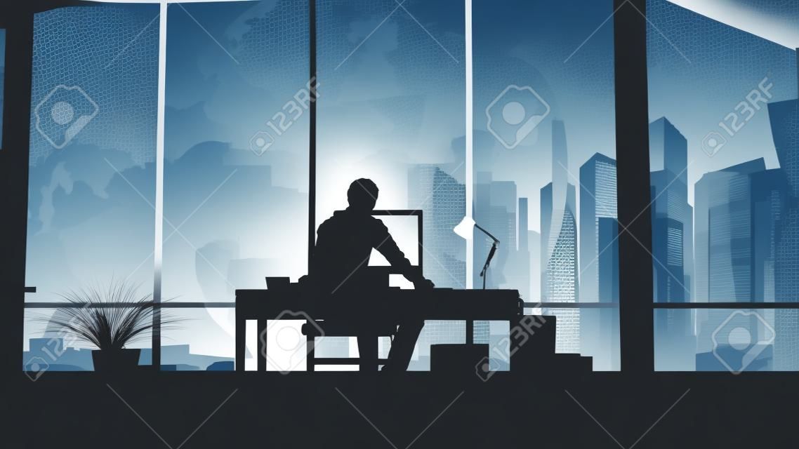 Silhouette of a web designer working on infographic background.