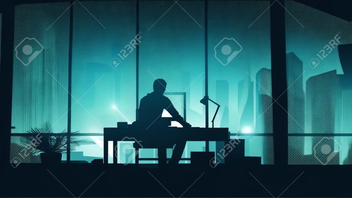 Silhouette of a web designer working on infographic background.