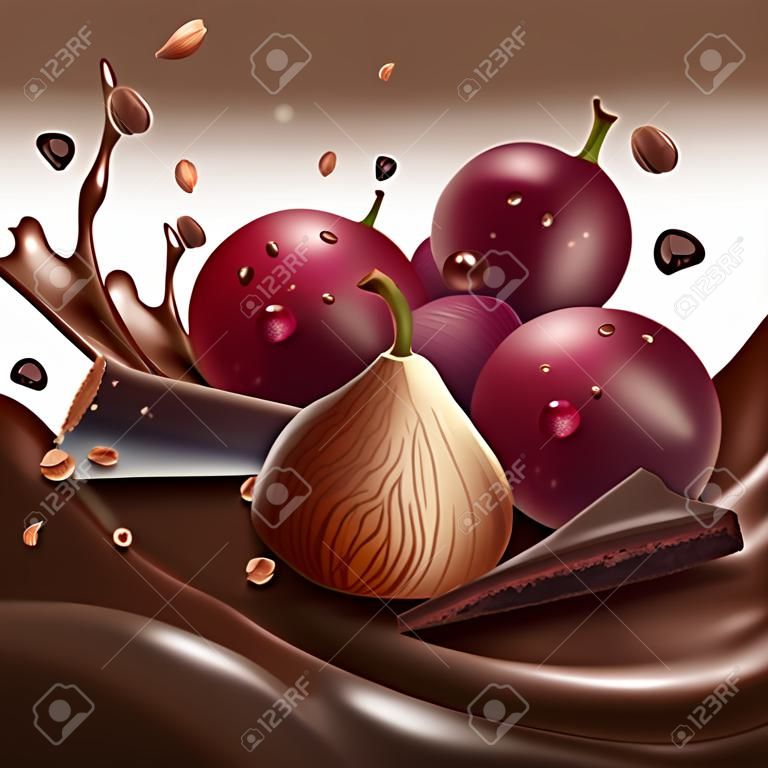 Red grapes and hazelnuts with chocolate pieces on a chocolate wave.