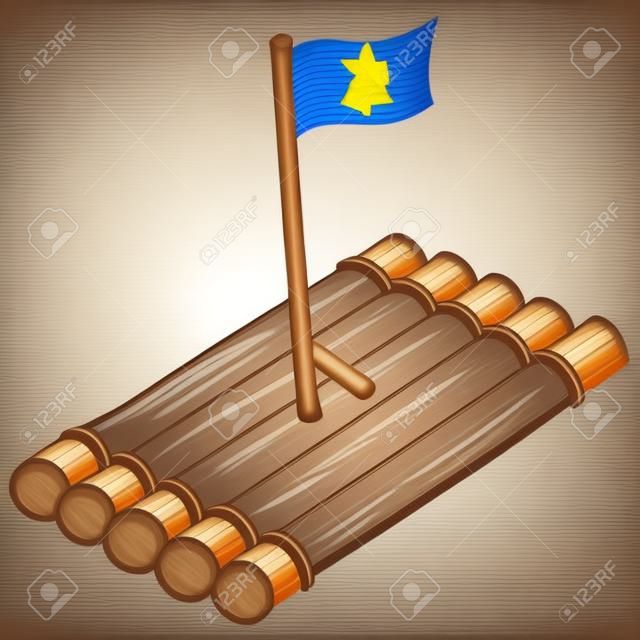 Wooden raft with flag - vector illustration.