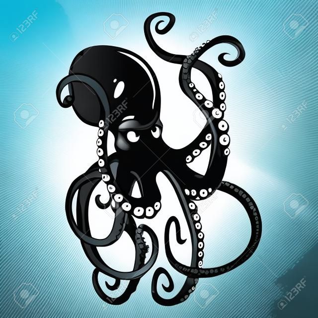 與捲曲的觸角水下游泳黑色的危險卡通章魚人物，被隔絕在白色。