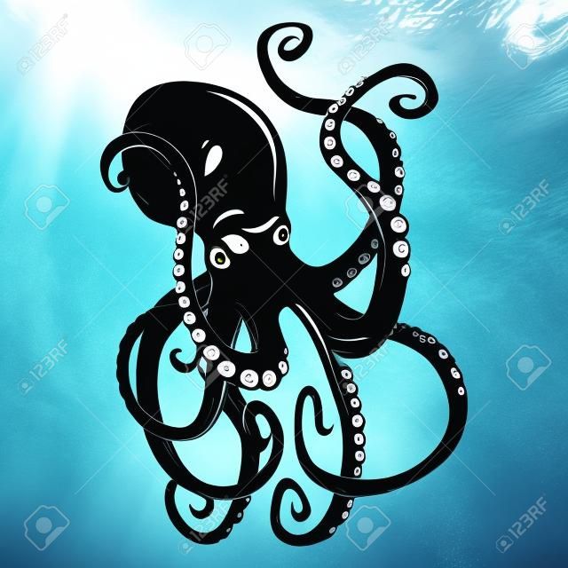 Nero pericolo cartoni animati di polpo con tentacoli di curling, nuoto, subacqueo, isolato su bianco.
