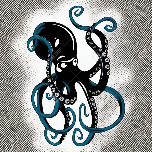 Noir danger caractères de poulpe de bande dessinée avec des tentacules de curling nageant sous l'eau, isolé sur blanc.