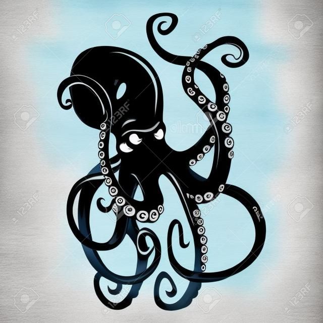 Personajes de dibujos animados pulpo negro peligro con tentáculos que se encrespan nadar bajo el agua, aislados en blanco.