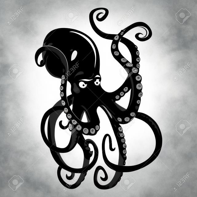 Noir danger caractères de poulpe de bande dessinée avec des tentacules de curling nageant sous l'eau, isolé sur blanc.