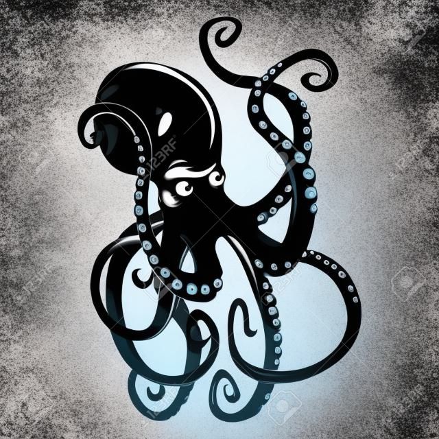 與捲曲的觸角水下游泳黑色的危險卡通章魚人物，被隔絕在白色。