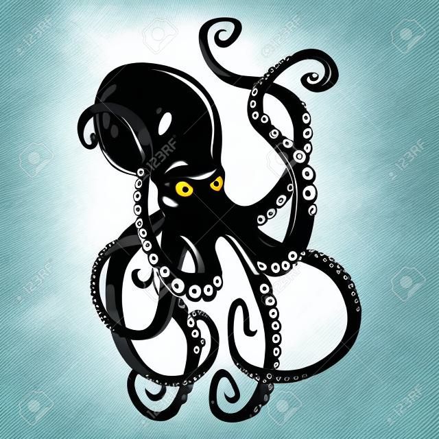 Черные опасности мультфильм осьминог символы с керлинг щупальца плавать под водой, изолированных на белом.