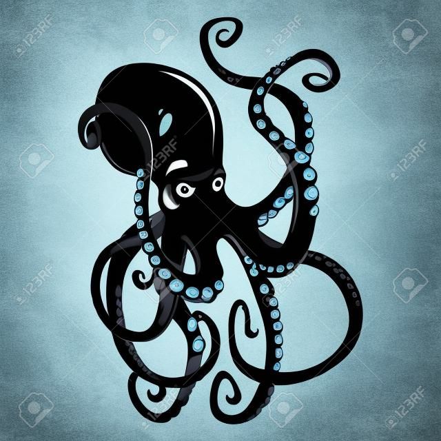 黑色危险卡通章鱼角色与冰壶触须游泳水下孤立的白色