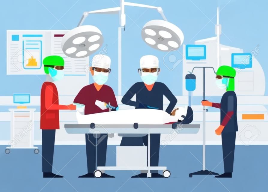 Vektor orvosi fogalom sebészek műtőbe. Szoba emberek, szike és a képernyő-betegség és pulzus beteg, asszisztens orvos illusztráció. A csapat az orvosok a műtőben a beteg