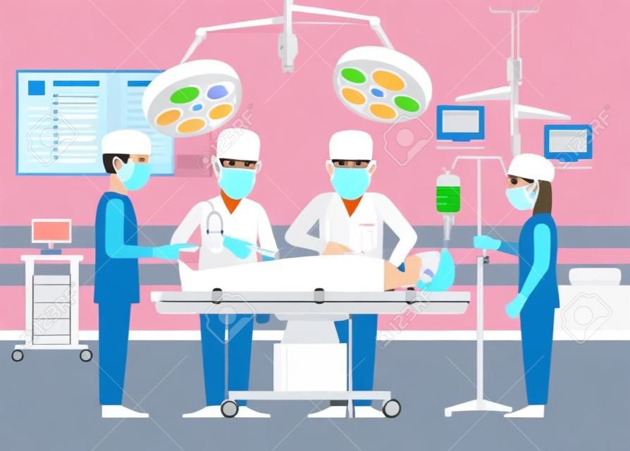 矢量医学概念外科医生在手术室手术室使用手术刀和屏幕疾病，并在手术室与病人、病人、助理医生、医生、医生、医生、医生、医生、医生、医生、医生、病人和病人一起在手术室工作。