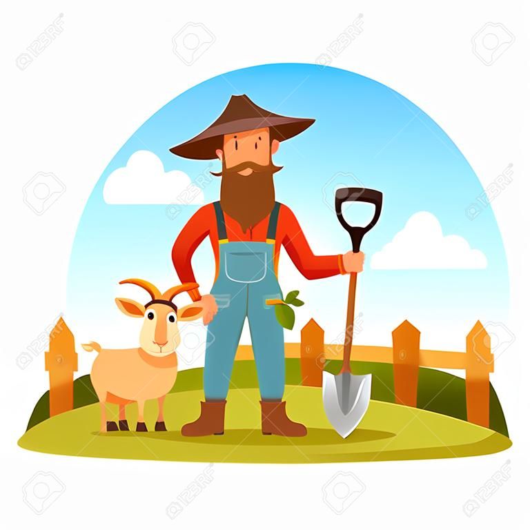 Farmer man in boots, gloves and hat with spade or shovel and goat on field with hay and fence. Smiling cartoon farmer worker at cultivation field. For village or countryside man, agriculture farmer