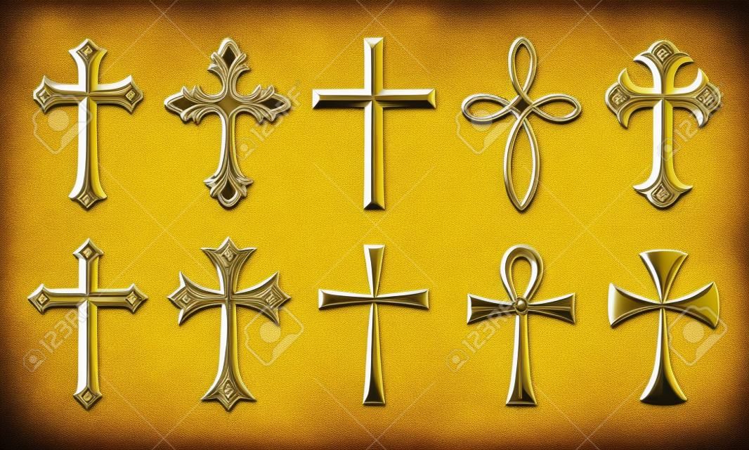 Zestaw realistyczny krzyż chrześcijański, katolicki znak religii. Święty symbol prawosławia i katolicyzmu. Insygnia Kościoła i chrześcijaństwa w kolorze żółtym. Módlcie się i religijnie, wiara i duchowość, Boże, Jezu