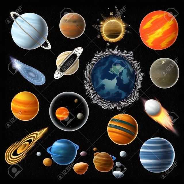 Planetas del sistema solar en el espacio ultraterrestre del universo, iconos de dibujo a lápiz de vector. Planetas del sistema solar Sol, Saturno y Luna, Tierra y Marte, asteroide meteorito, elementos planetarios y astrológicos dibujados a mano