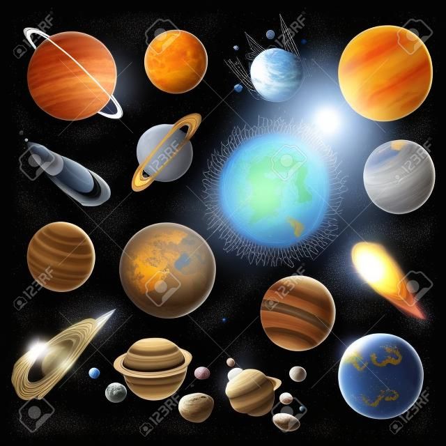 Planetas del sistema solar en el espacio ultraterrestre del universo, iconos de dibujo a lápiz de vector. Planetas del sistema solar Sol, Saturno y Luna, Tierra y Marte, asteroide meteorito, elementos planetarios y astrológicos dibujados a mano