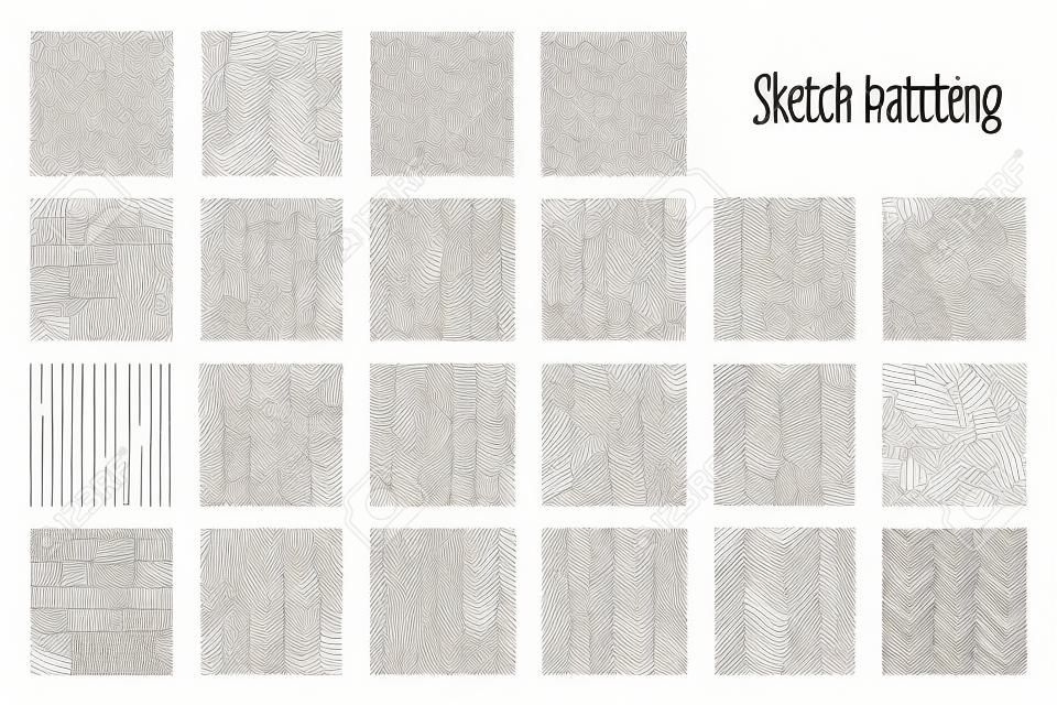 スケッチハッチングパターン、抽象的な手描きベクトルの背景。線形鉛筆スケッチと落書きパターン、交差線、波線と平行線、ハッチスケッチグラフィックテクスチャ