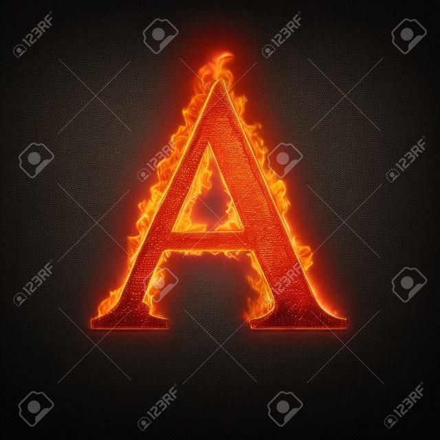 Fuoco lettera alfabeto A isolato su sfondo nero.
