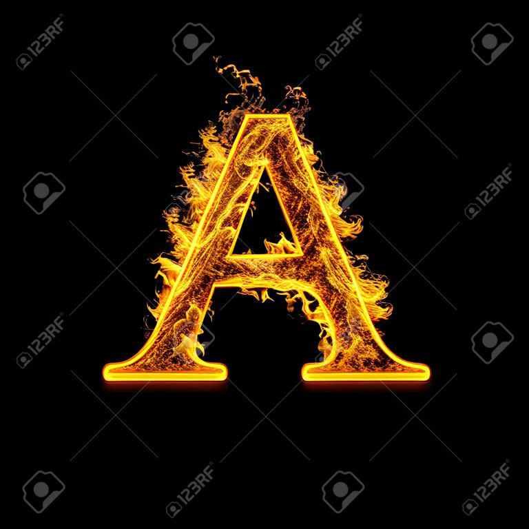 Fuoco lettera alfabeto A isolato su sfondo nero.