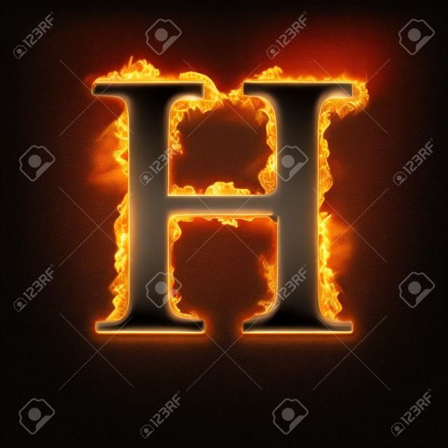 Fire alphabet letter H isolated on black background.
