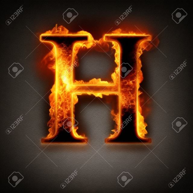 Fire alphabet letter H isolated on black background.