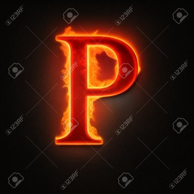 Fire alphabet letter P isolated on black background.