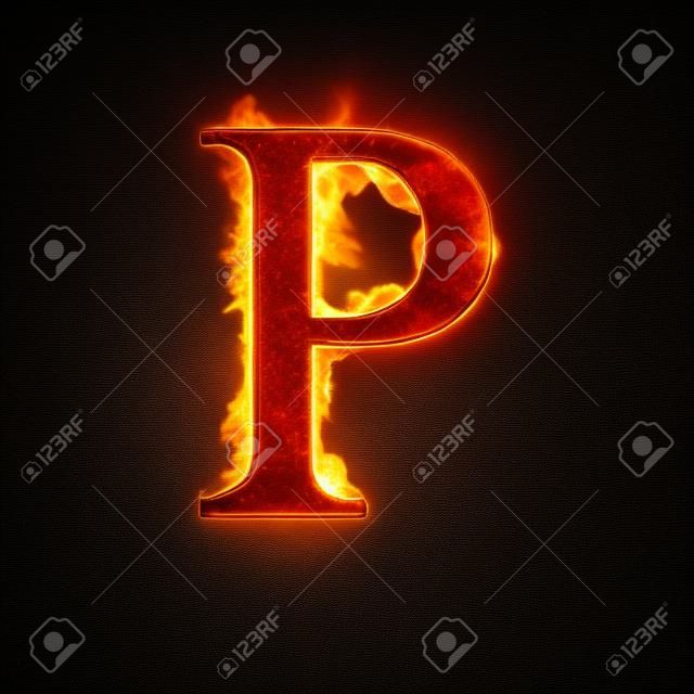 Fire alphabet letter P isolated on black background.