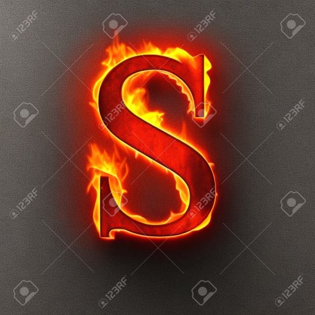 Letra del alfabeto S Fuego aislado en fondo negro.