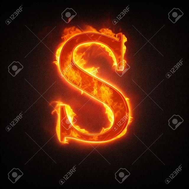 Feuer Alphabet Buchstaben S auf schwarzem Hintergrund isoliert.