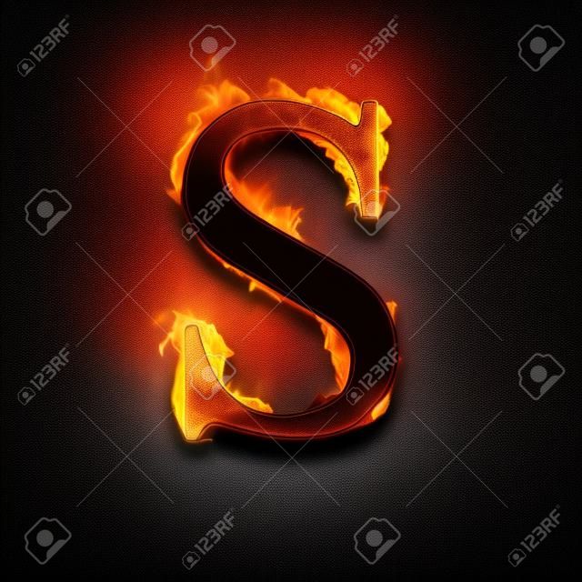 Letra del alfabeto S Fuego aislado en fondo negro.
